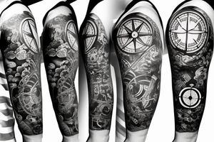 Forearm half sleeve clock and compass and yin yang tattoo idea