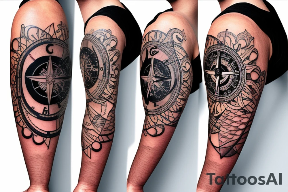 Forearm half sleeve clock and compass and yin yang tattoo idea