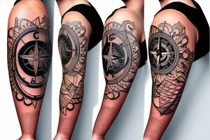 Forearm half sleeve clock and compass and yin yang tattoo idea