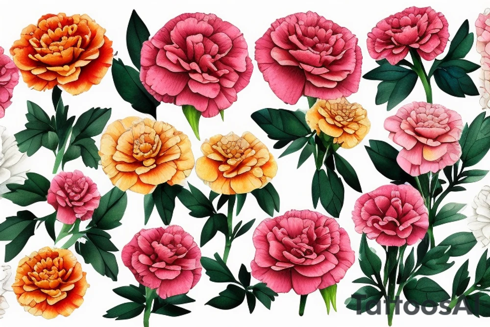 Marigolds carnation  roses bouquet tattoo idea
