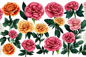 Marigolds carnation  roses bouquet tattoo idea