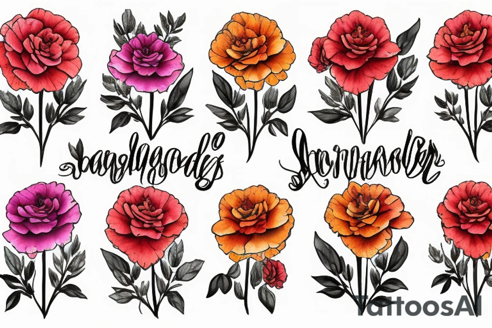 Marigolds carnation  roses bouquet tattoo idea
