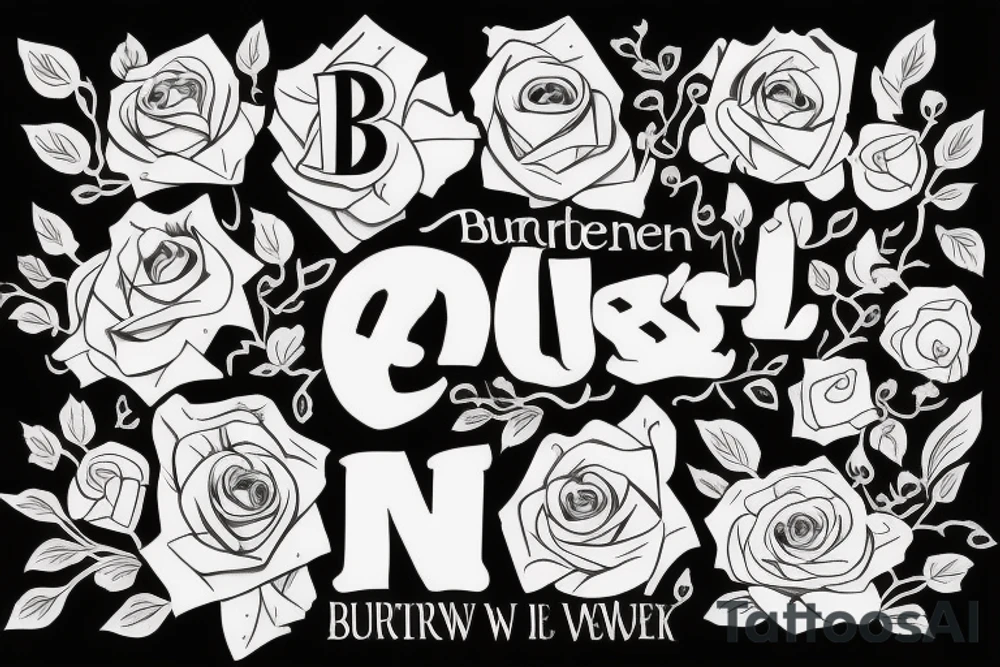 Last name Burtenshaw in the middle, roses around it, hard lettering tattoo idea