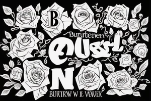 Last name Burtenshaw in the middle, roses around it, hard lettering tattoo idea
