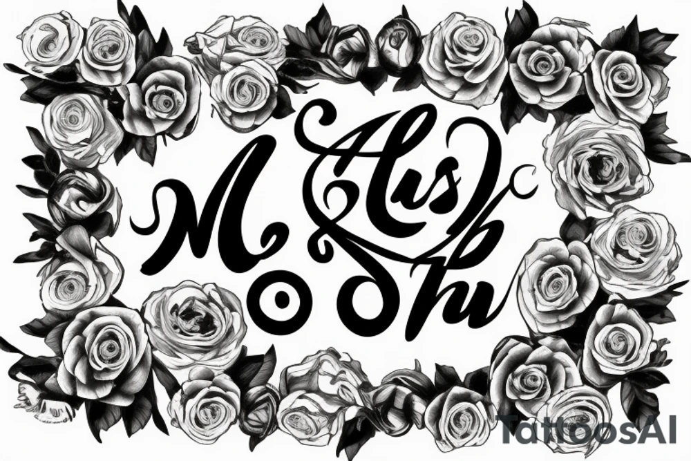 Last name Burtenshaw in the middle, roses around it, hard lettering Letters in english tattoo idea