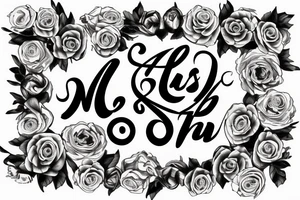 Last name Burtenshaw in the middle, roses around it, hard lettering Letters in english tattoo idea