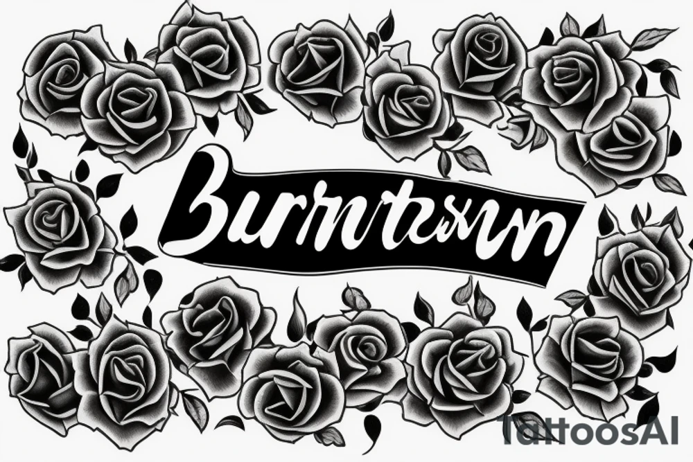 Last name Burtenshaw in the middle, roses around it, hard lettering Letters in english tattoo idea