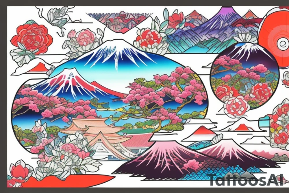Japanese colourful style landscape. tattoo idea