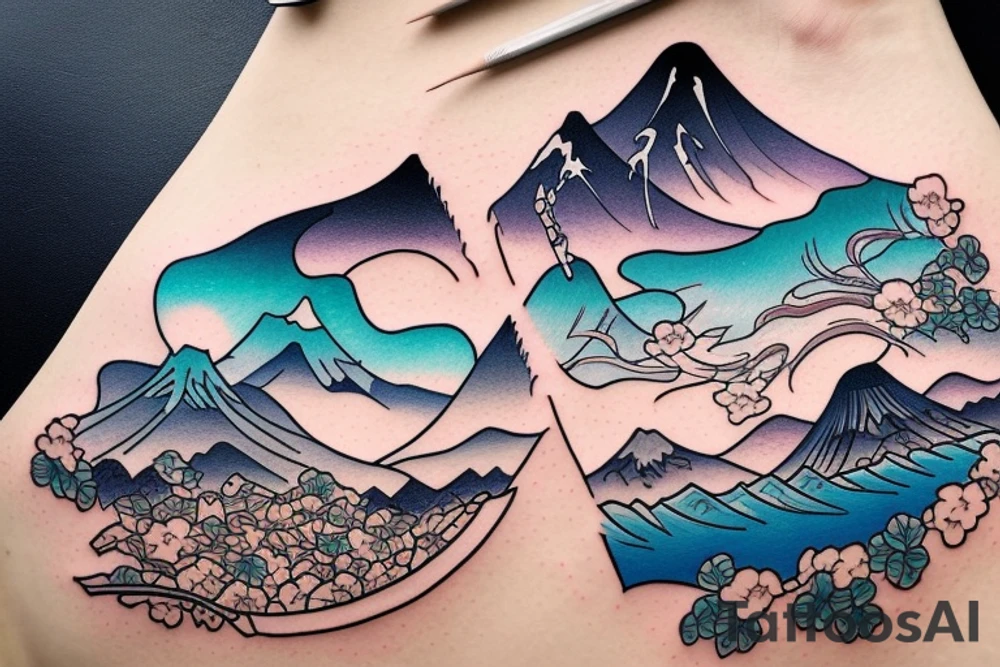 Japanese colourful style landscape. tattoo idea
