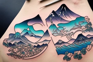 Japanese colourful style landscape. tattoo idea