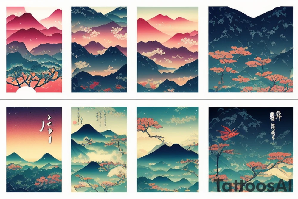 Japanese colourful landscape. tattoo idea