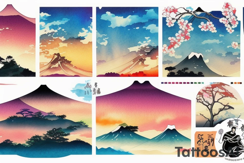 Japanese colourful landscape. tattoo idea