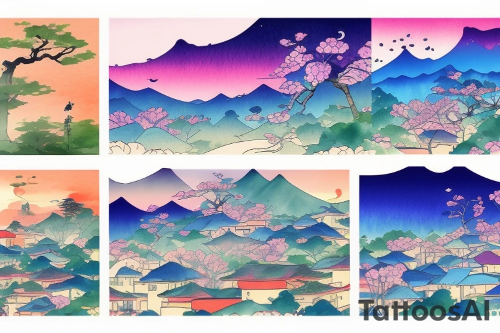 Japanese colourful landscape. tattoo idea
