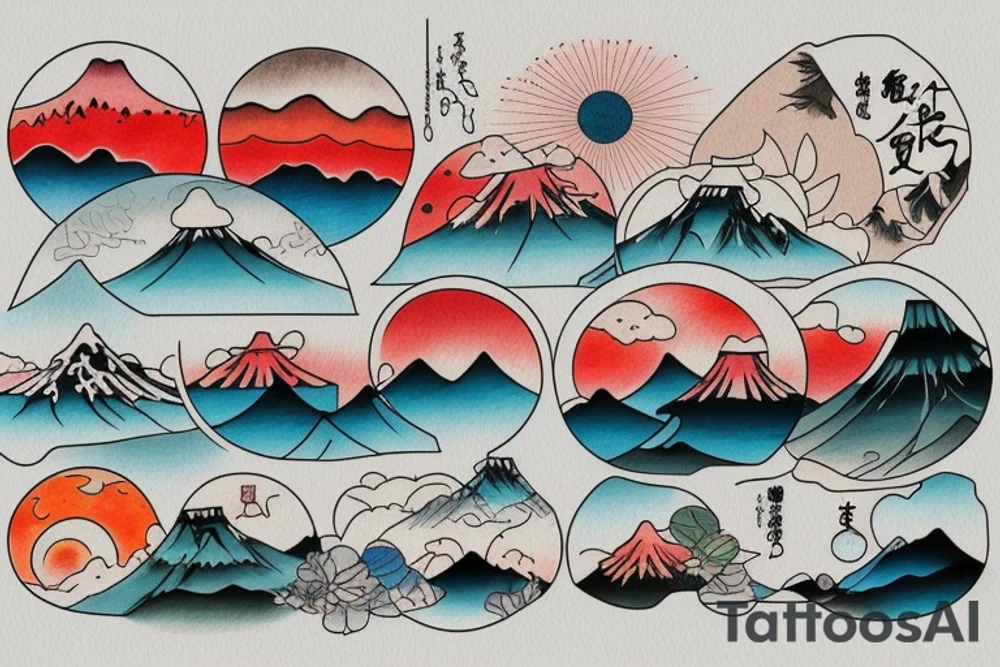 Japanese colourful landscape. tattoo idea
