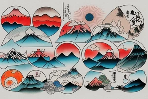 Japanese colourful landscape. tattoo idea