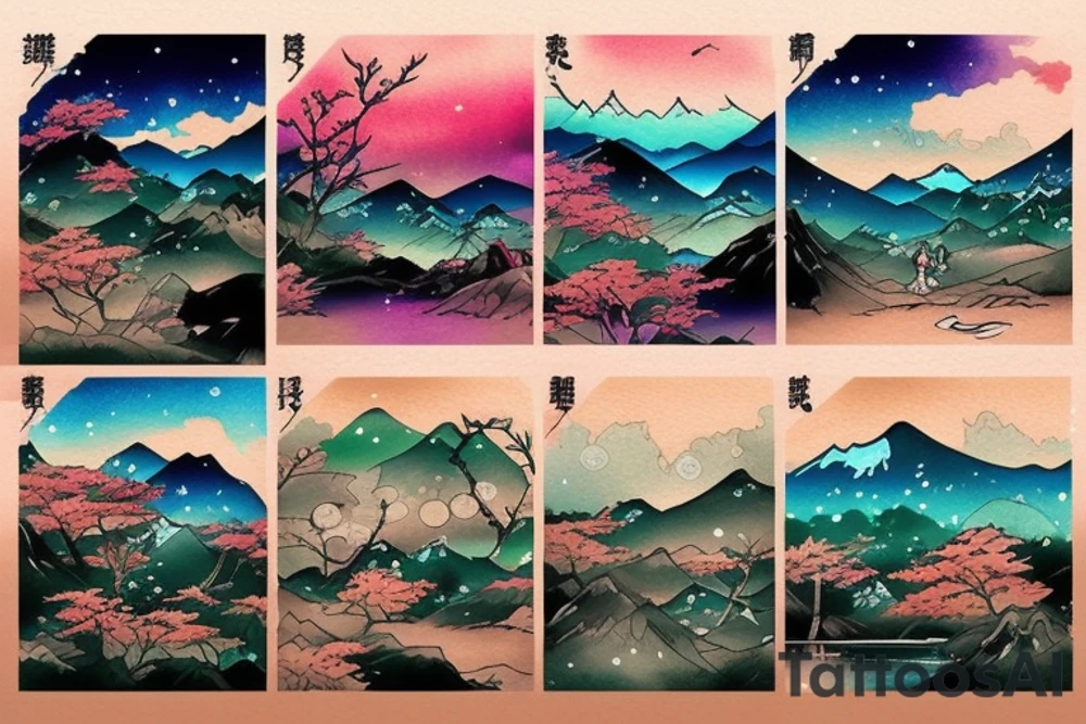 Japanese colourful landscape. tattoo idea