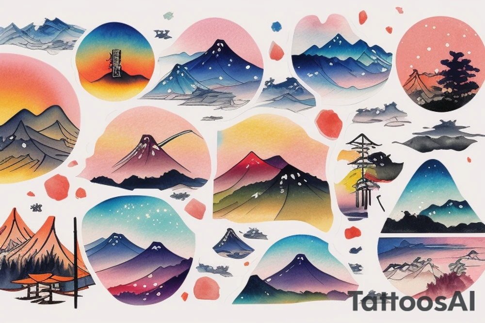 Japanese colourful landscape. tattoo idea