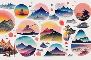 Japanese colourful landscape. tattoo idea