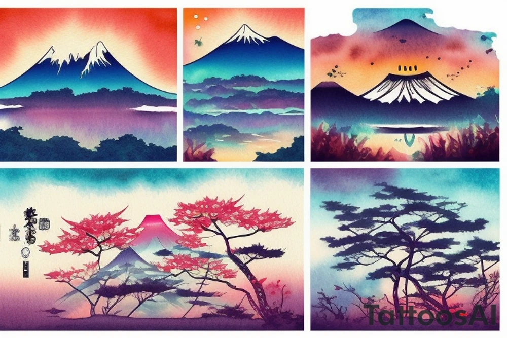 Japanese colourful landscape. tattoo idea