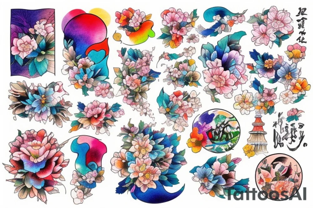 colourful Japan city tattoo idea