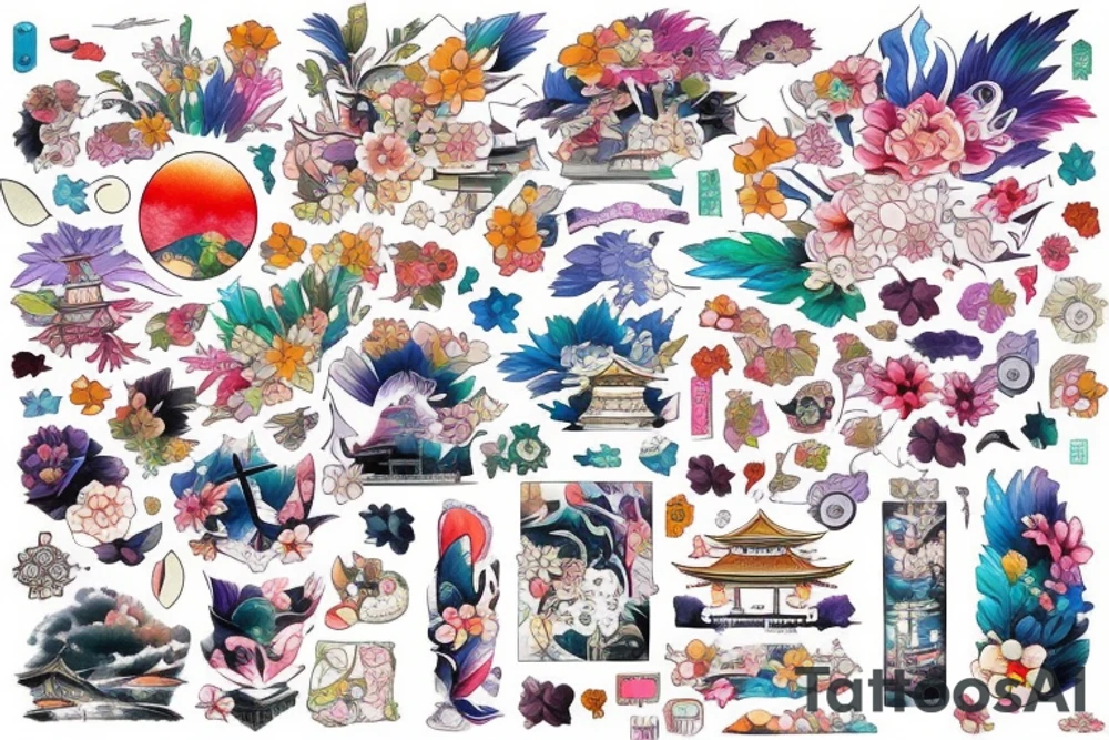 colourful Japan city tattoo idea