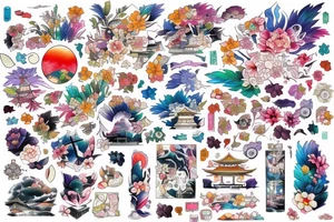 colourful Japan city tattoo idea
