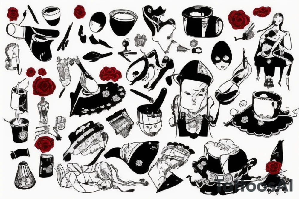 full slave, trash polka + japanese, black end red tattoo idea