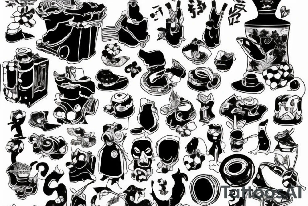 full slave, trash polka + japanese, black end red tattoo idea