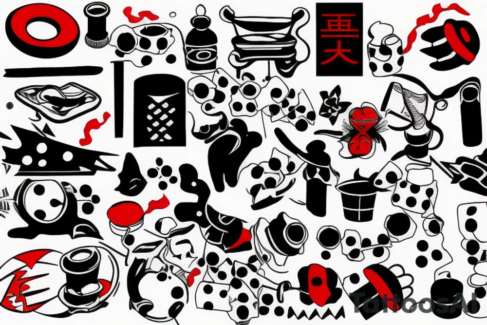 full slave, trash polka + japanese, black end red tattoo idea