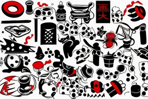 full slave, trash polka + japanese, black end red tattoo idea