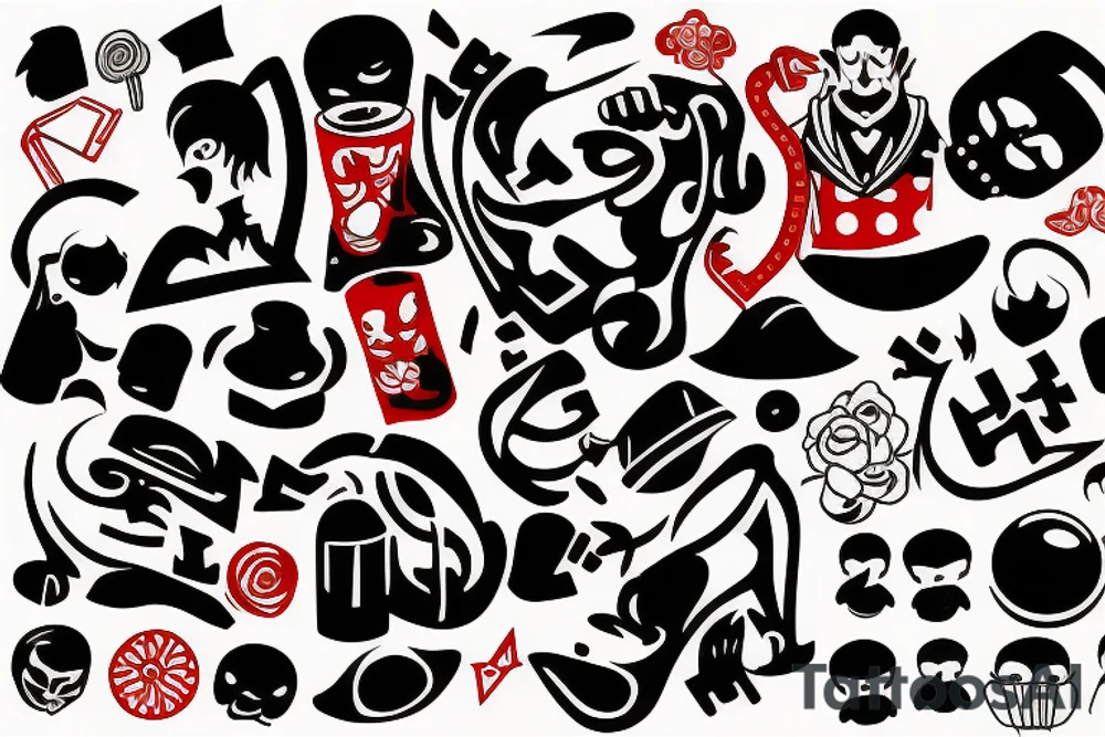 full slave, trash polka + japanese, black end red tattoo idea