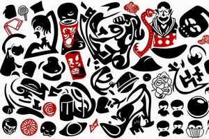 full slave, trash polka + japanese, black end red tattoo idea