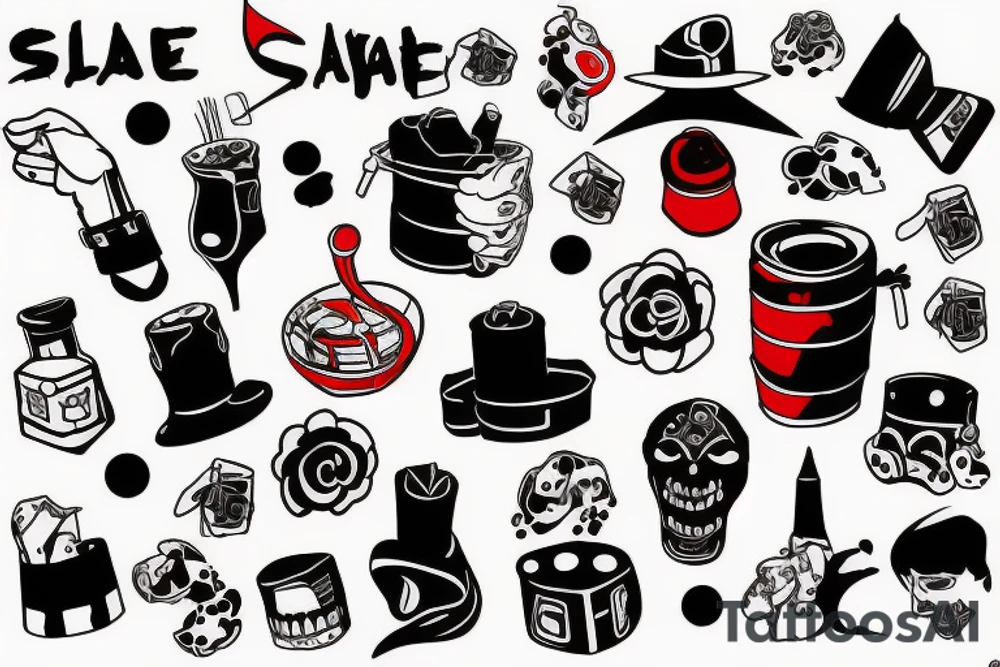 slave, trash polka + japanese, black end red tattoo idea