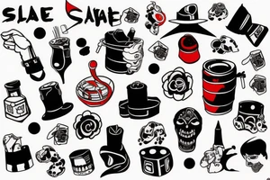 slave, trash polka + japanese, black end red tattoo idea