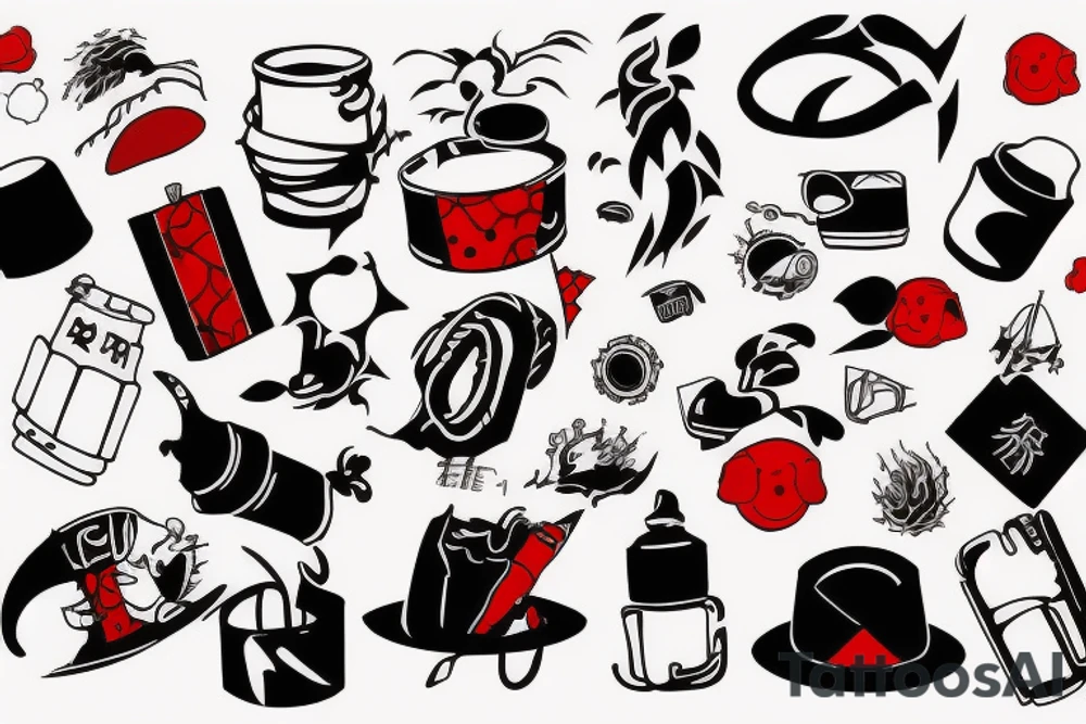 slave, trash polka + japanese, black end red tattoo idea