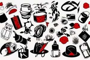 slave, trash polka + japanese, black end red tattoo idea