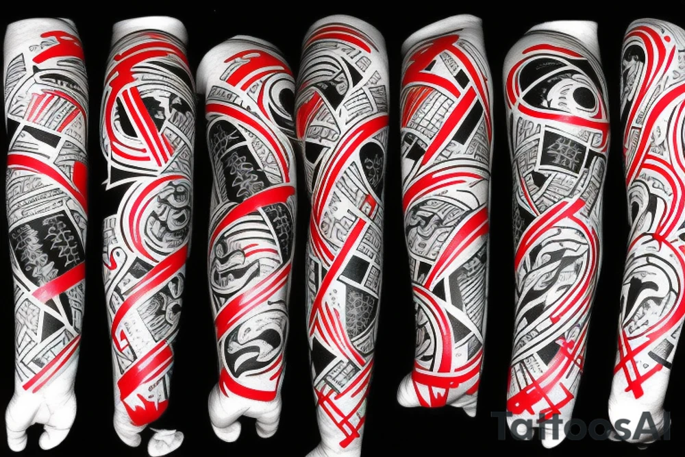 on full arm, trash polka + japanese, black end red tattoo idea