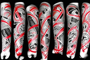 on full arm, trash polka + japanese, black end red tattoo idea