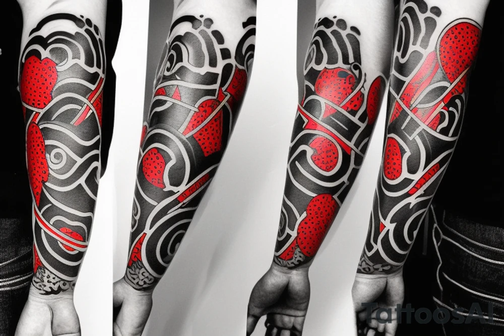 on full arm, trash polka + japanese, black end red tattoo idea