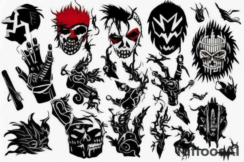 on full arm, trash polka + japanese, black end red tattoo idea