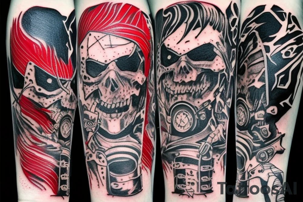 on full arm, trash polka + japanese, black end red tattoo idea