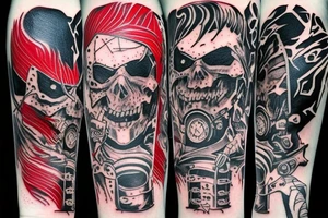 on full arm, trash polka + japanese, black end red tattoo idea