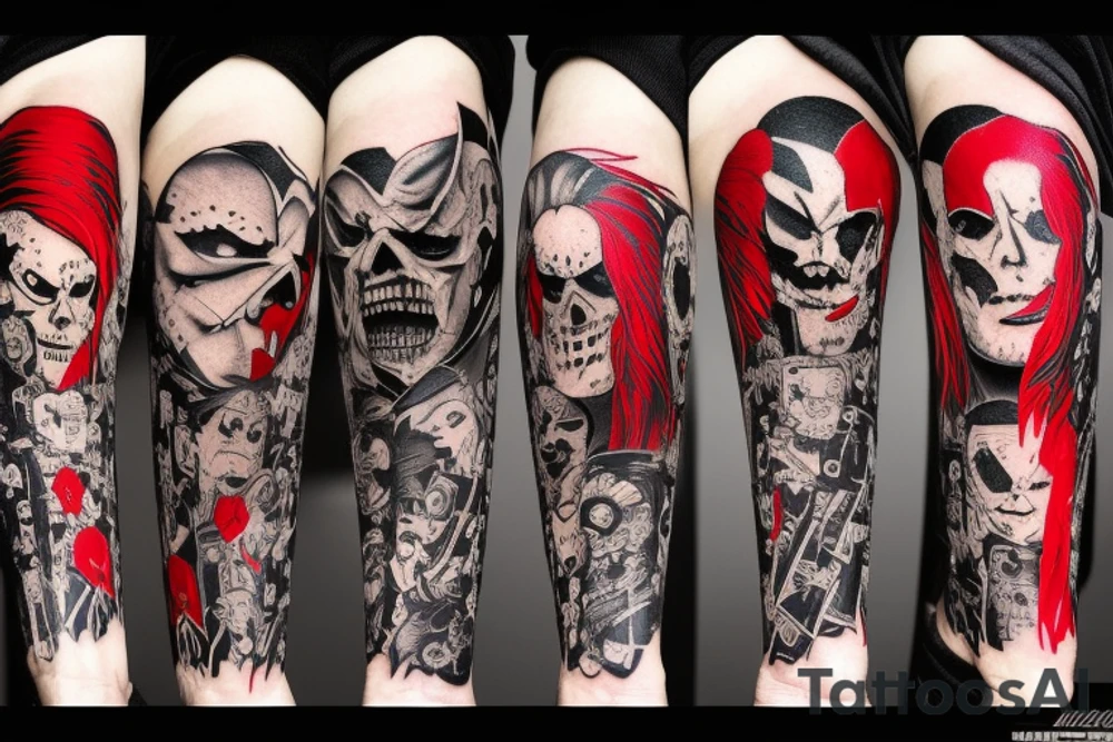 on full arm, trash polka + japanese, black end red tattoo idea