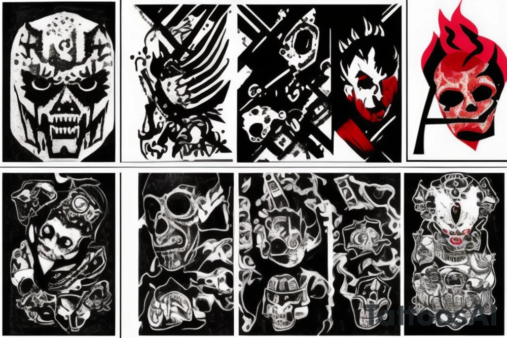 on full arm, trash polka + japanese, black end red tattoo idea