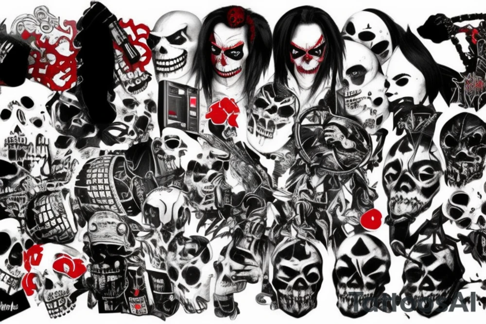 on full arm, trash polka + japanese, black end red
nu skulls tattoo idea