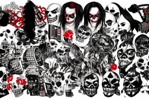 on full arm, trash polka + japanese, black end red
nu skulls tattoo idea