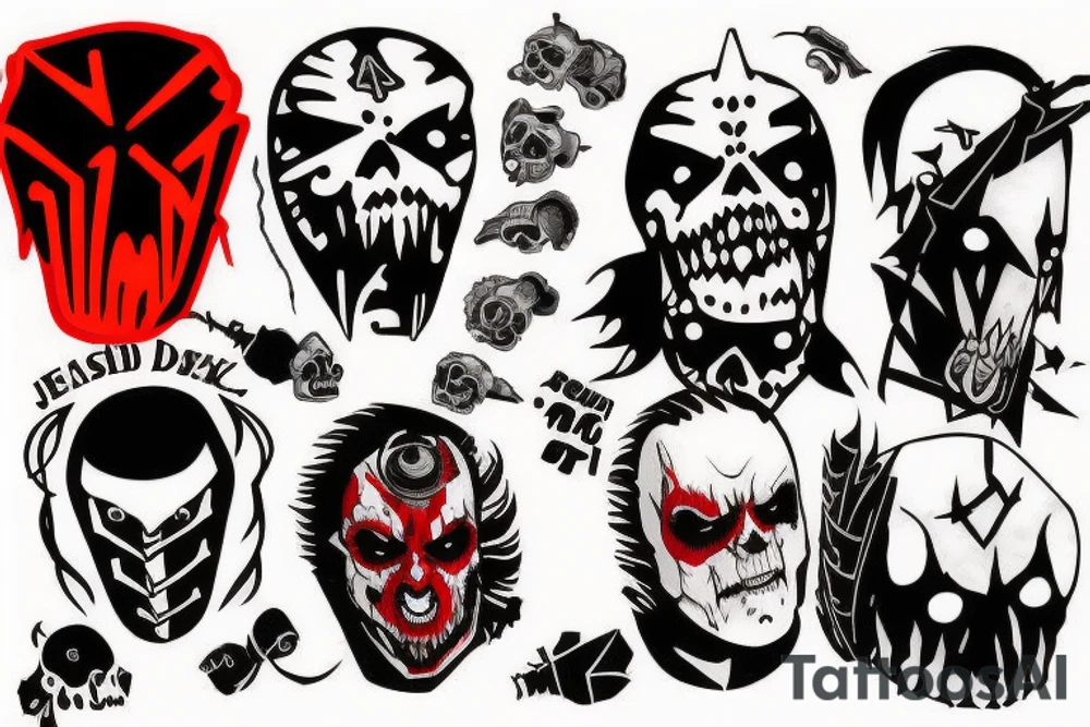 on full arm, trash polka + japanese, black end red
nu skulls tattoo idea