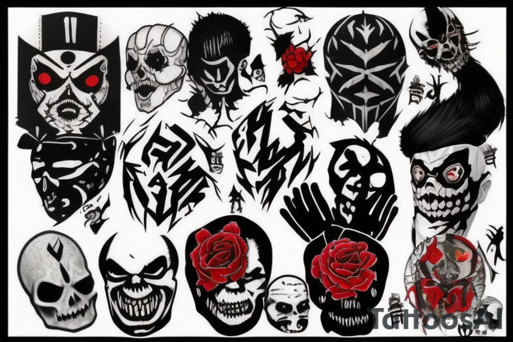 on full arm, trash polka + japanese, black end red
nu skulls tattoo idea