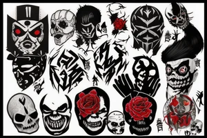 on full arm, trash polka + japanese, black end red
nu skulls tattoo idea