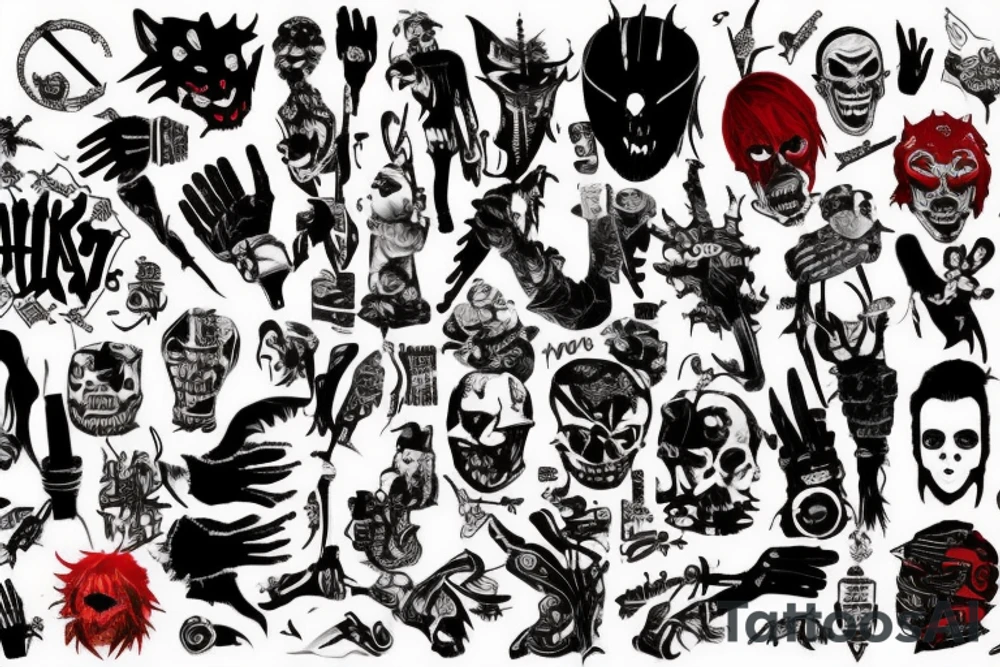 on full arm, trash polka + japanese, black end red
no skulls tattoo idea